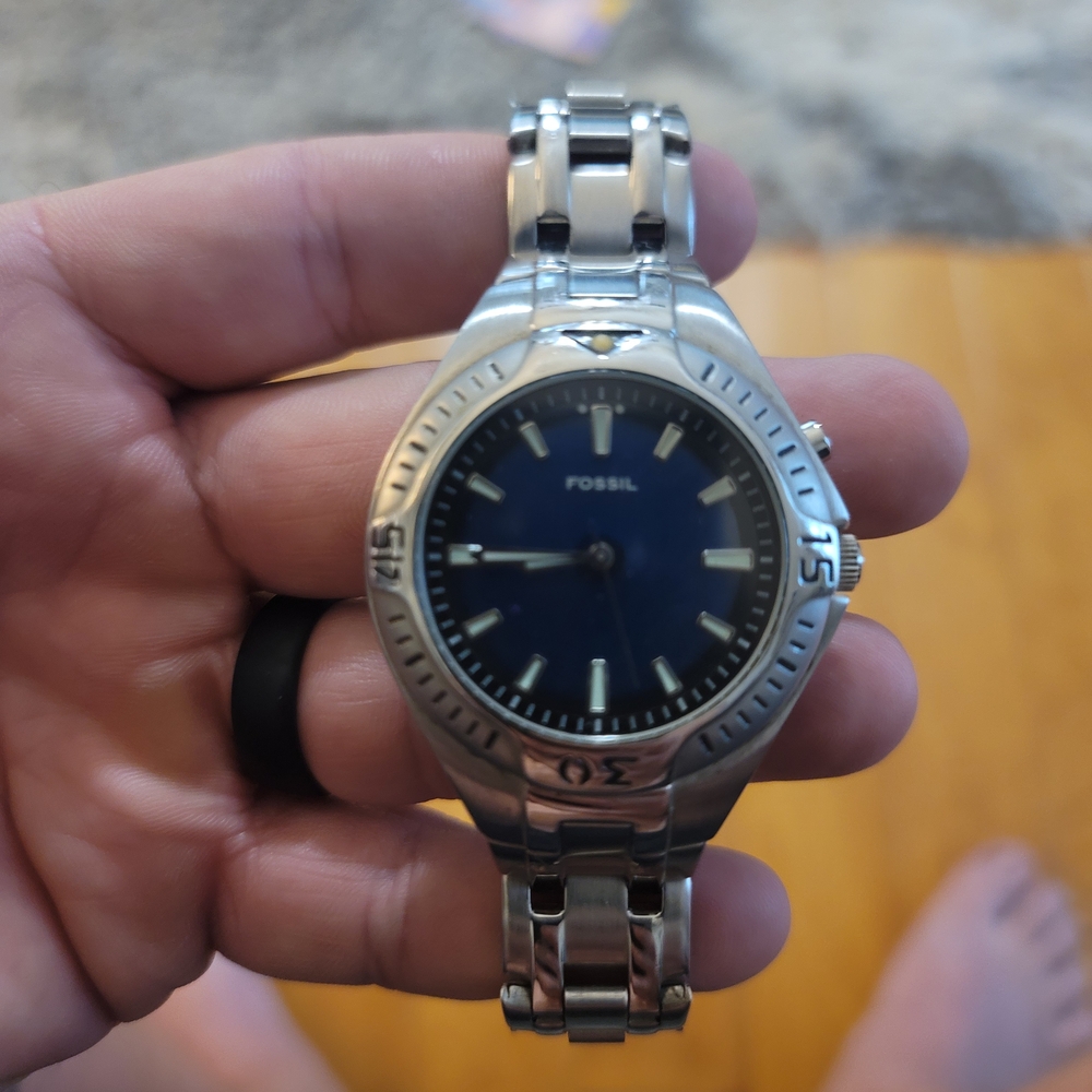 Fossil Men's Silver Watch with Deep Blue Dial
